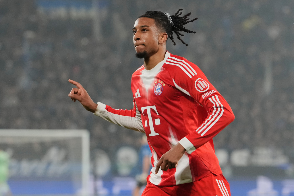 Bayern's Michael Olise celebrates after scoring his side's fifth goal during the Champions League round of 16 soccer match between Atalanta and FC Bayern Munich in Bergamo, Italy, Tuesday, March 10, 2026. (AP Photo/Luca Bruno)