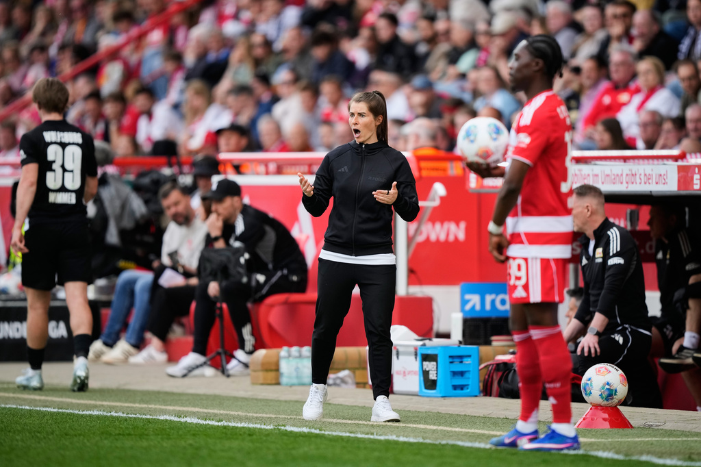 New head coach of German Bundesliga soccer club 1. FC Union Berlin Marie-Louise Eta reacts during the German Bundesliga soccer match between FC Union Berlin and Wolfsburg in Berlin, Germany, Saturday, April 18, 2026. (AP Photo/Ebrahim Noroozi)