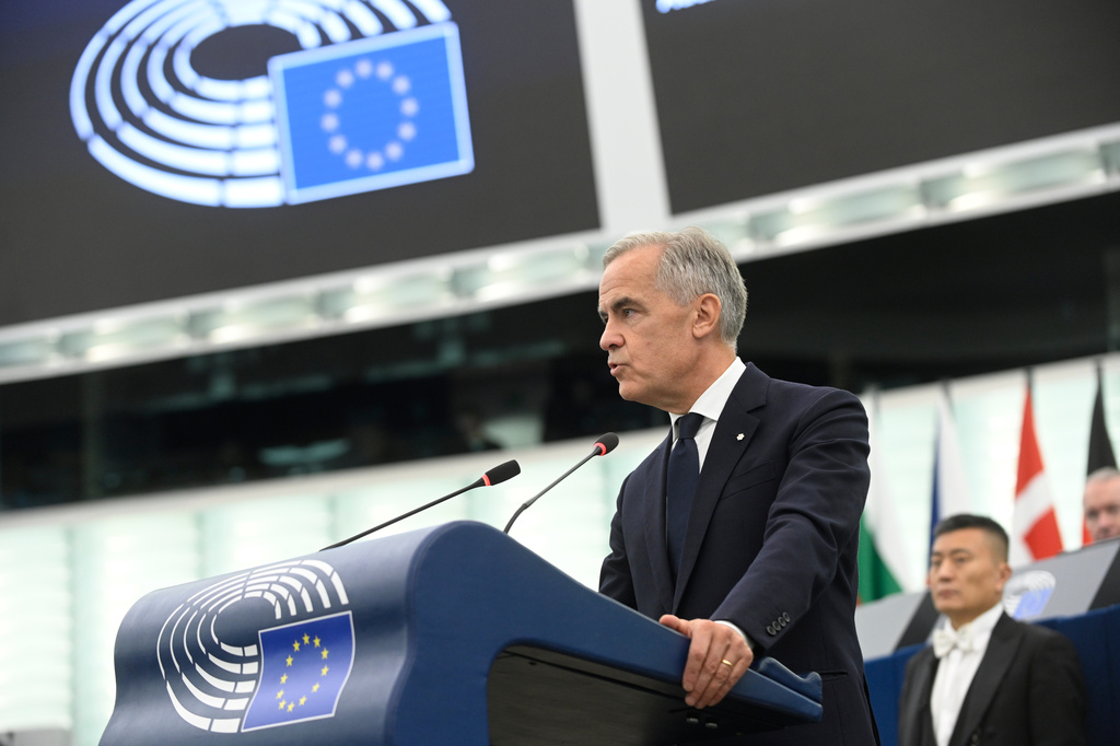 Canada's Prime Minister Mark Carney delivers a speech during a formal sitting at the European Parliament in Strasbourg, eastern France, Thursday, Sept 17, 2026. (AP Photo/Pascal Bastien)