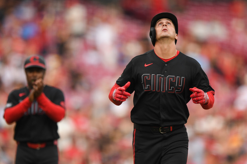 Cincinnati Reds' JJ Bleday rounds the bases on a solo home run during the third inning of a baseball game against the Pittsburgh Pirates, Friday, July 31, 2026, in Cincinnati. (AP Photo/Tanner Pearson)