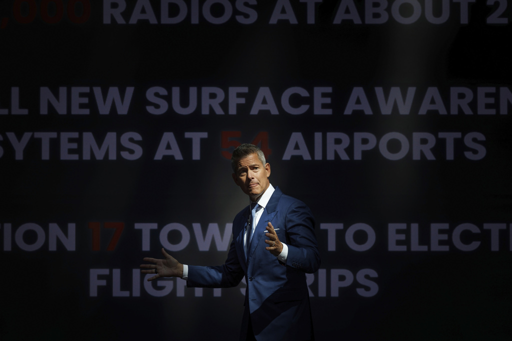 U.S. Department of Transportation Secretary Sean Duffy speaks during a press briefing on flight safety, at the U.S. Department of Transportation, Tuesday, April 21, 2026, in Washington. (AP Photo/Tom Brenner)