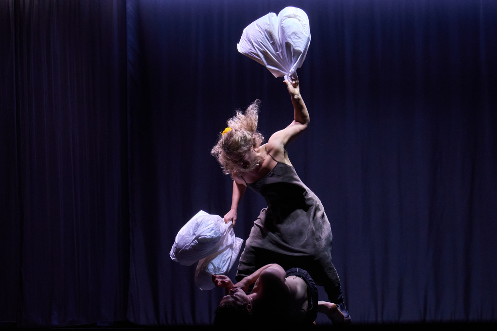Ukrainian actress Daryna Leheida, who plays Penelope, performs during the final rehearsal of "Odyssey. Maeotis," which reimagines Homer’s epic, at Ivan Franko theater in Kyiv, Tuesday, Aug. 25, 2026. (AP Photo/Francisco Seco)