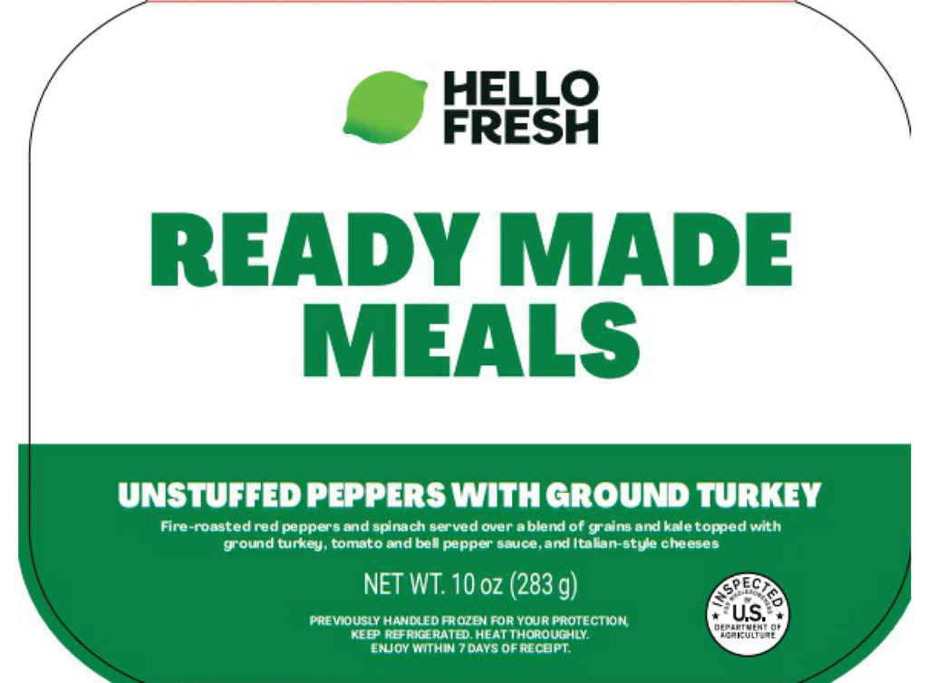 This image provided by U.S. Agriculture Department shows Hello Fresh Ready Made Meals Unstuffed Peppers with Ground Turkey, where Federal health officials late Monday, Oct. 6, 2025, warned people not to eat certain subscription meal kits containing spinach that may be contaminated with listeria and identified with Est. P-47718 and lot codes 50069, 50073 or 50698.(U.S. Agriculture Department via AP)