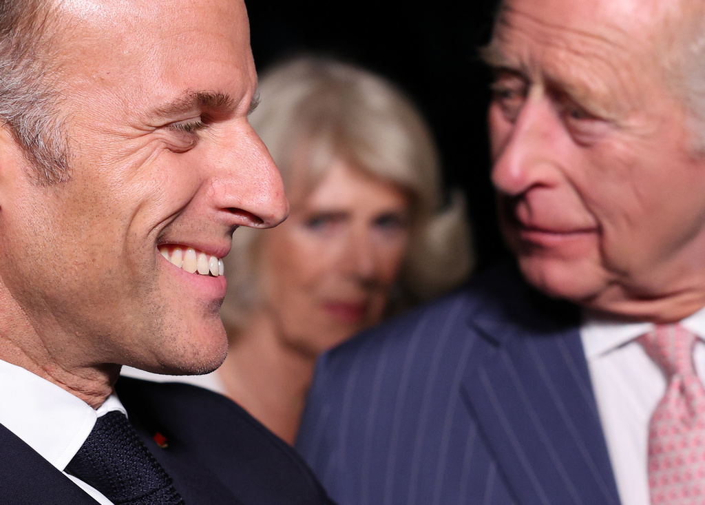 Britain's King Charles III, right, and France's President Emmanuel Macron attend a preview event for the Bayeux Tapestry Exhibition at British Museum in London, Wednesday, Sept. 2, 2026. (Adrian Dennis/Pool Photo via AP)