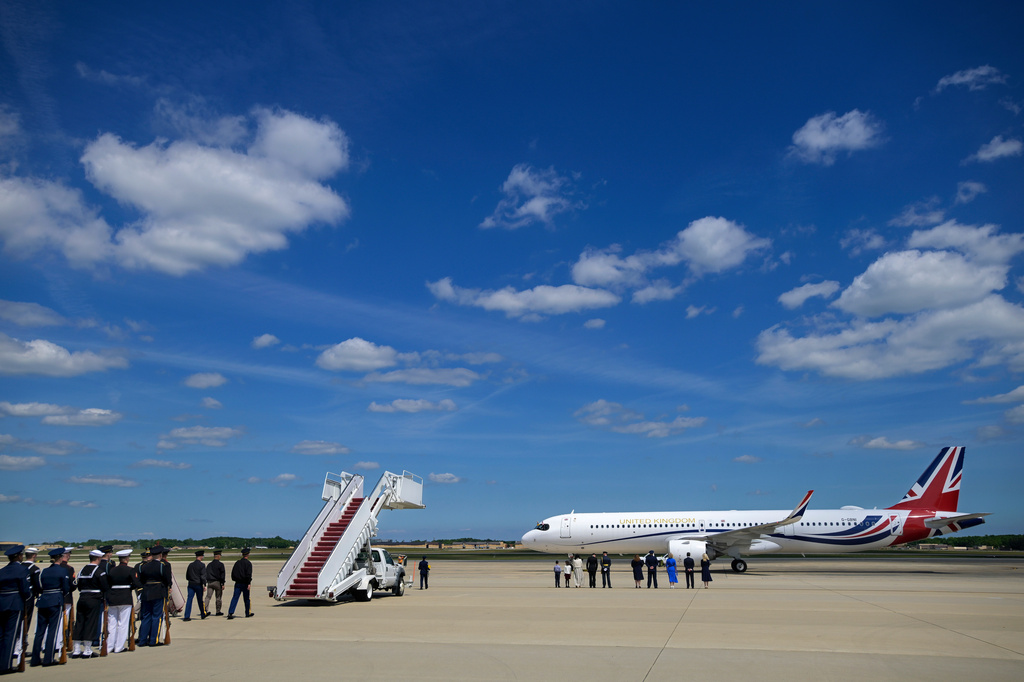 A flight carrying King Charles III and Queen Camilla arrives at Joint Base Andrews, Md., Monday, April 27, 2026. (AP Photo/Rod Lamkey, Jr.)