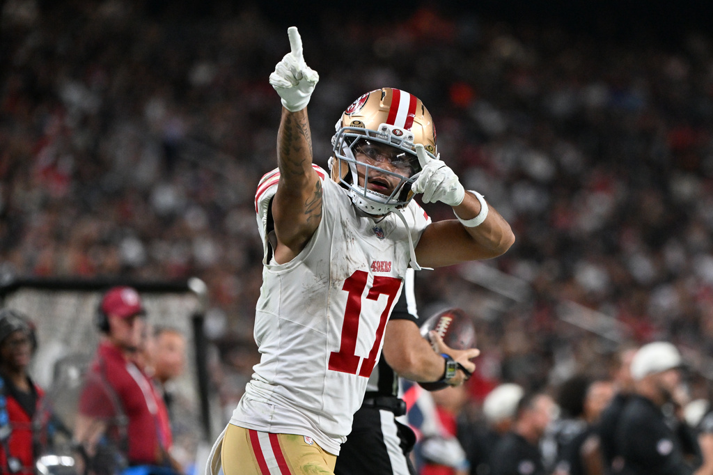 San Francisco 49ers wide receiver Jordan Watkins celebrates after a first down during the second half of an NFL preseason football game against the Las Vegas Raiders, Thursday, Aug. 27, 2026, in Las Vegas. (AP Photo/David Becker)
