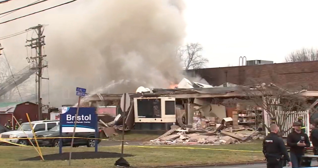 First responders are on the scene of a fire after an explosion at a nursing home in Bristol Township, Pa., on Tuesday, Dec. 23, 2025. (WPVI-TV/6ABC via AP)