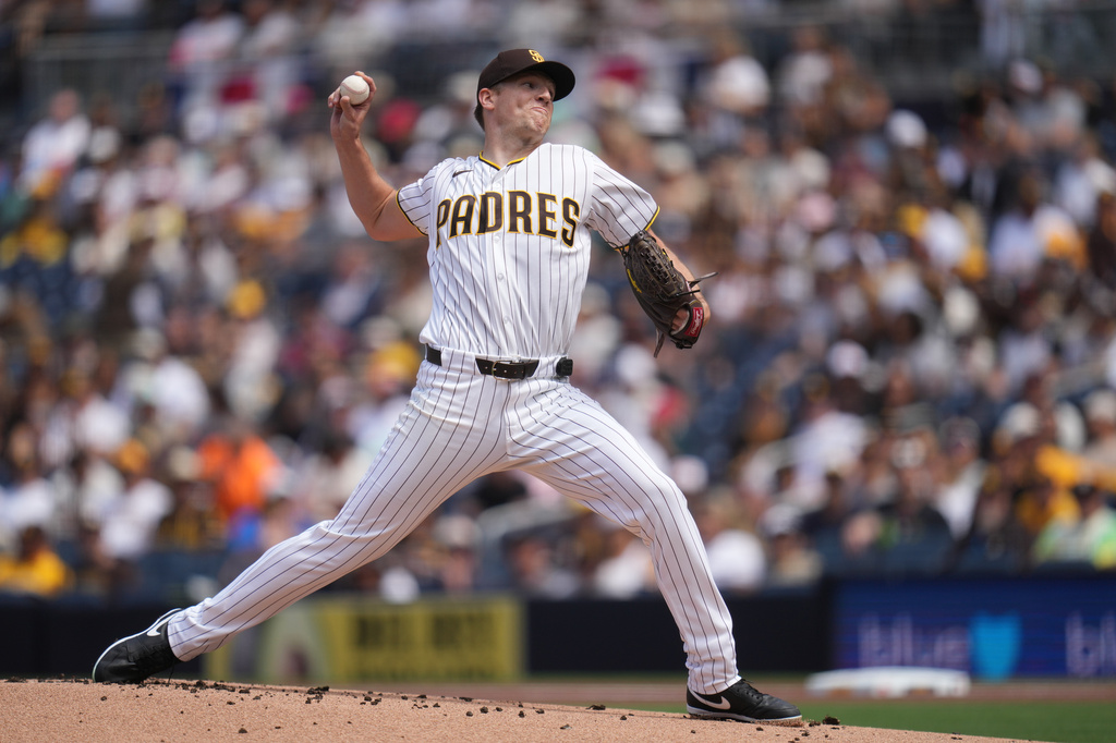 San Diego Padres starting pitcher Nick Pivetta works against a San Francisco Giants batter during the first inning of a baseball game Wednesday, April 1, 2026, in San Diego. (AP Photo/Gregory Bull)