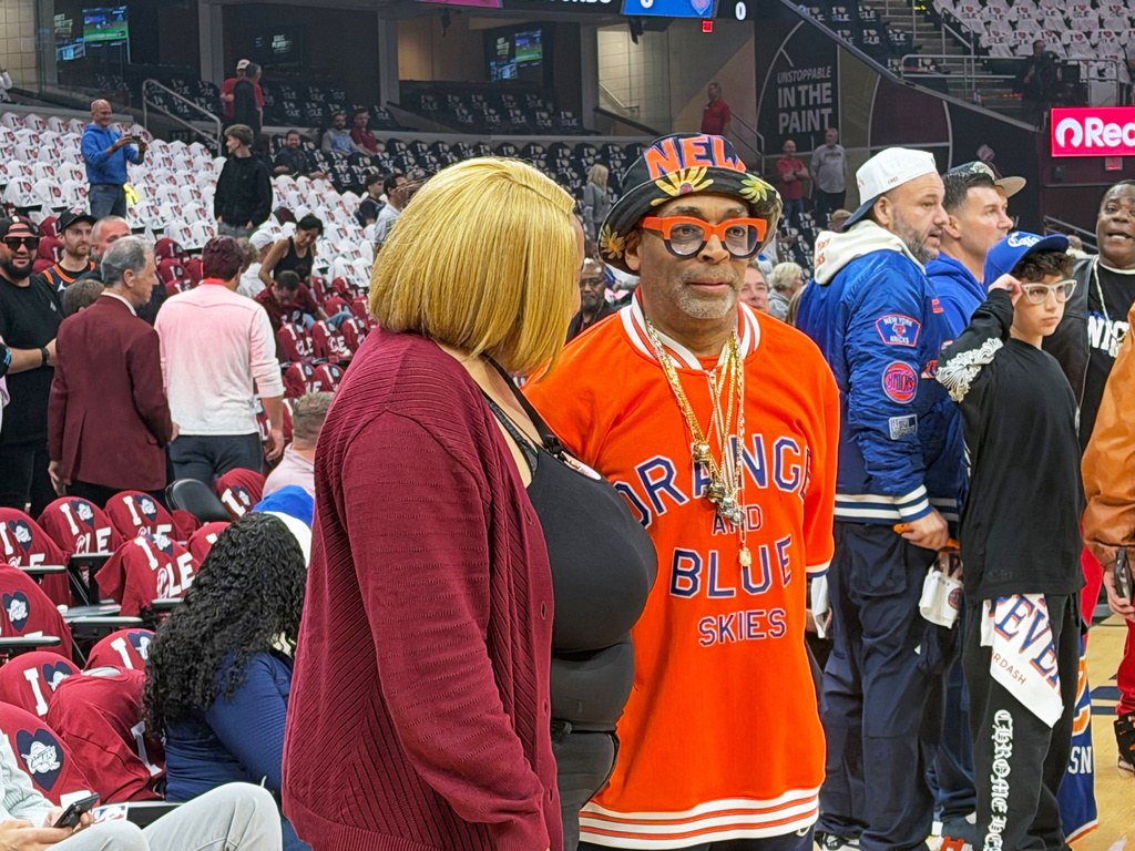 Spike Lee looks on before before Game 4 in the Eastern Conference finals NBA basketball playoffs series between the New York Knicks and the Cleveland Cavaliers in Cleveland, Monday, May 25, 2026. (AP Photo/Joseph Reedy)