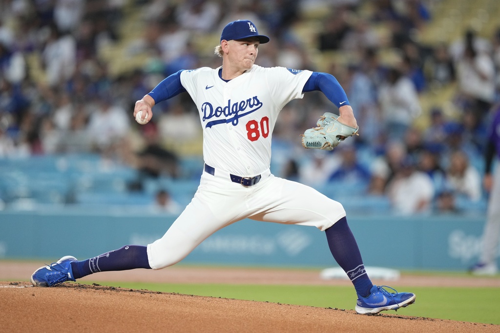 Los Angeles Dodgers starting pitcher Emmet Sheehan throws to the plate during the first inning of a baseball game against the Colorado Rockies, Tuesday, Sept. 9, 2025, in Los Angeles. (AP Photo/Mark J. Terrill)