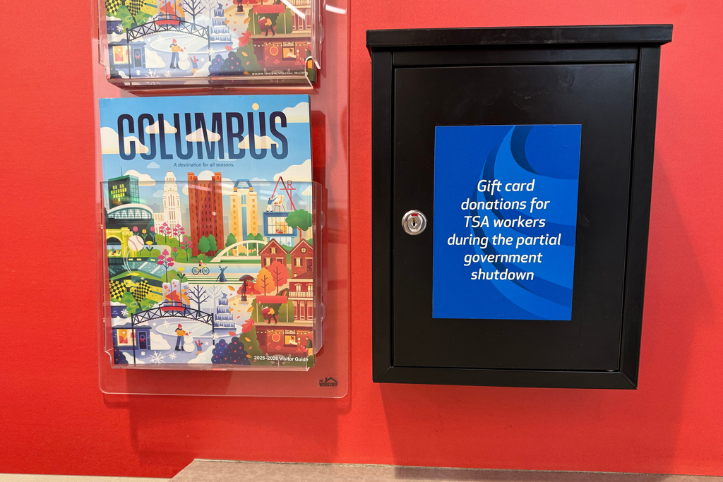 A collection box for TSA employees at John Glenn Columbus International Airport in Columbus, Ohio, on Friday, March 20, 2026. (AP Photo/Patrick Aftoora-Orsagos)