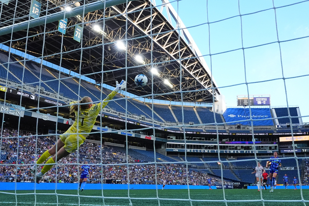 Seattle Reign FC goalkeeper Claudia Dickey can't stop the goal from Angel City FC forward Prisca Chilufya during the second half of an NWSL soccer match, Sunday, Aug. 9, 2026, in Seattle. (AP Photo/Lindsey Wasson)