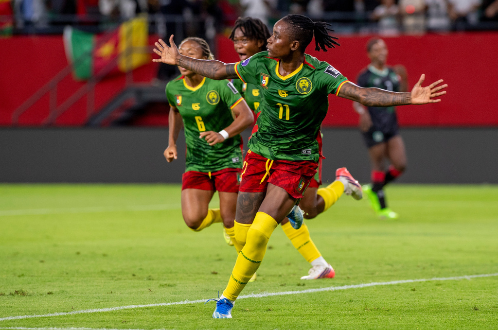 Cameroon's Marie Ngah celebrates after scoring her team's third goal against Malawi during the Women AFCON 2026 final soccer match, in Rabat, Morocco, Sunday, Aug. 16, 2026. (AP Photo)