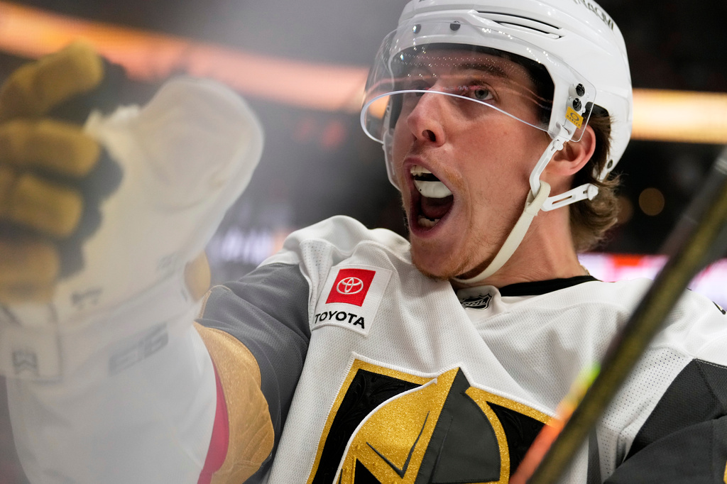Vegas Golden Knights right wing Mitch Marner celebrates his goal during the second period in Game 3 of a second-round NHL hockey Stanley Cup playoff series against the Anaheim Ducks, Friday, May 8, 2026, in Anaheim, Calif. (AP Photo/Mark J. Terrill)