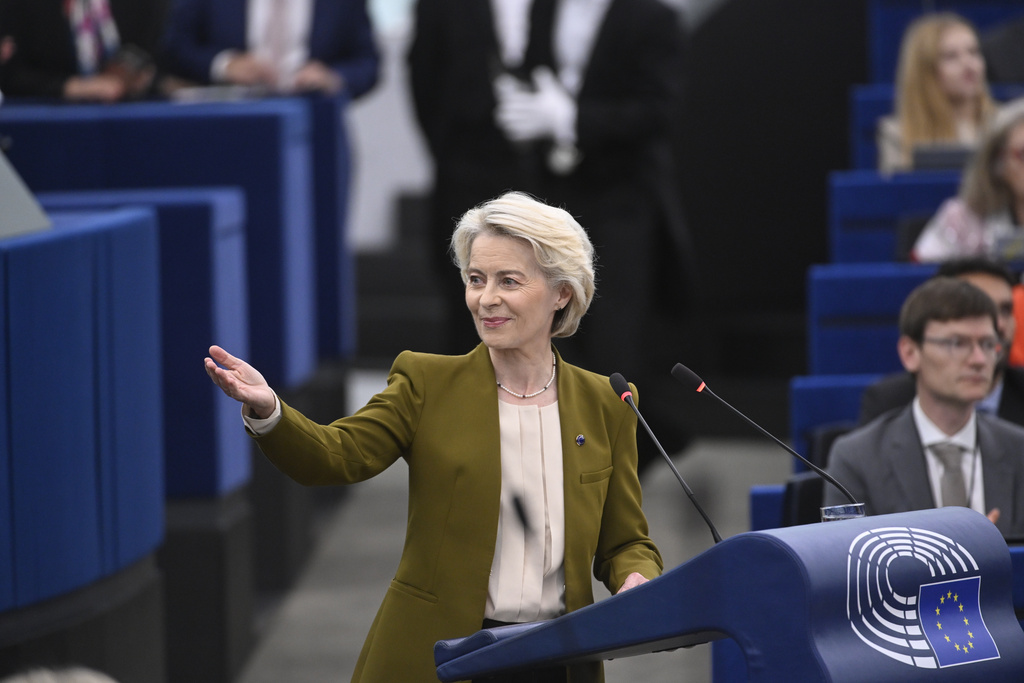 European Commission President Ursula von der Leyen gestures as she delivers a major state of the union speech at the European Parliament in Strasbourg, eastern France, Wednesday, Sept. 10, 2025. (AP Photo/Pascal Bastien)