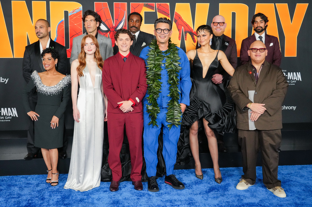 Michael Mando, from left, Liza Colon-Zayas, Sadie Sink, Jon Bernthal, Tom Holland, Tramell Tillman, director Destin Daniel Cretton, Zendaya, Marvin Jones III, Jacob Batalon, and Eman Esfandi arrive at the premiere of "Spider-Man: Brand New Day" on Monday, July 27, 2026, at the Dolby Theatre in Los Angeles. (Photo by Jordan Strauss/Invision/AP)