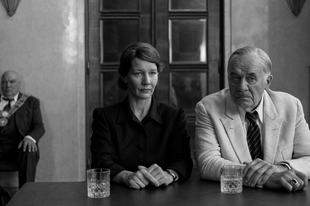 This image released by Mubi shows Sandra Hüller, left, and Hanns Zischler in a scene from "Fatherland." (Agata Grzybowska/Mubi via AP)