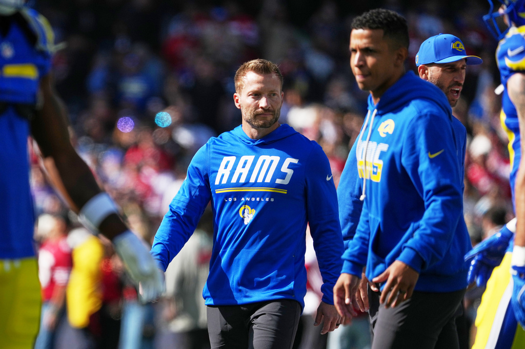 Los Angeles Rams head coach Sean McVay watches before an NFL football game between the Los Angeles Rams and the San Francisco 49ers, Friday, Sept. 11, 2026, in Melbourne, Australia. (AP Photo/Asanka Brendon Ratnayake)