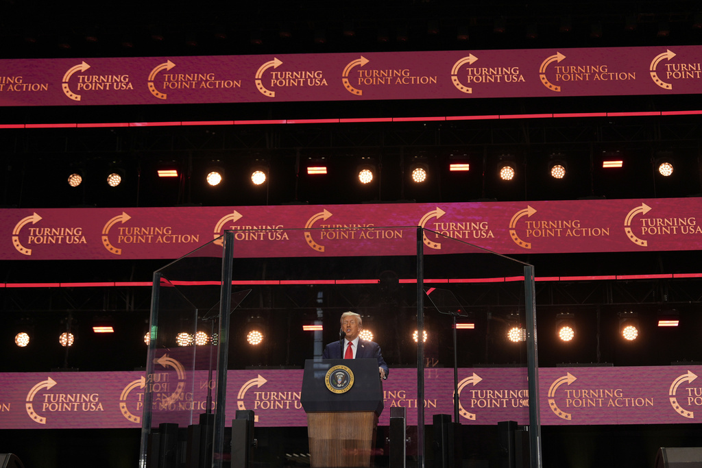 President Donald Trump speaks at a memorial for conservative activist Charlie Kirk, Sunday, Sept. 21, 2025, at State Farm Stadium in Glendale, Ariz. (AP Photo/Julia Demaree Nikhinson)