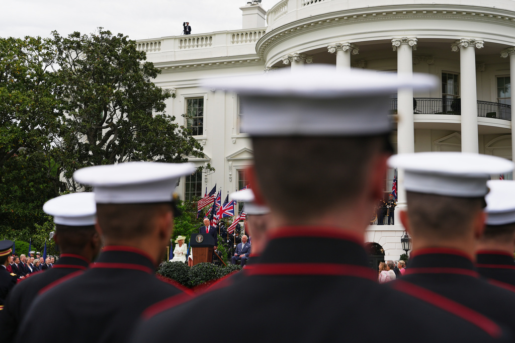 President Donald Trump speaks during an arrival ceremony on the South Lawn of the White House, Tuesday, April 28, 2026, in Washington. (AP Photo/Julia Demaree Nikhinson)