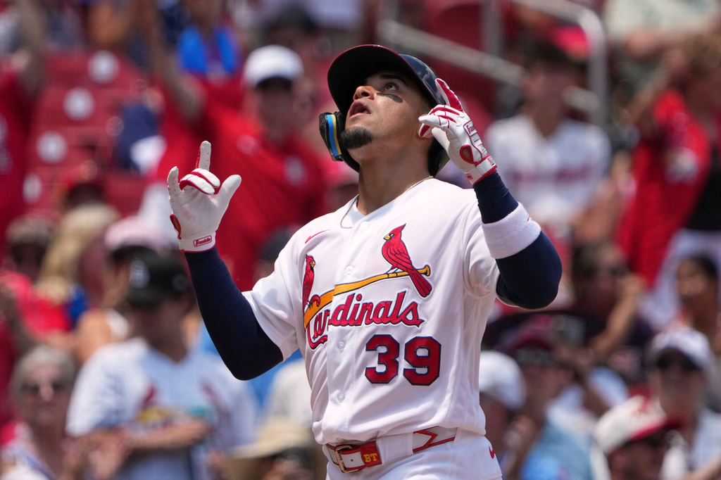 St. Louis Cardinals' Bryan Torres celebrates as he rounds the bases after hitting a two-run home run during the second inning of a baseball game against the Miami Marlins Sunday, June 28, 2026, in St. Louis. (AP Photo/Jeff Roberson)