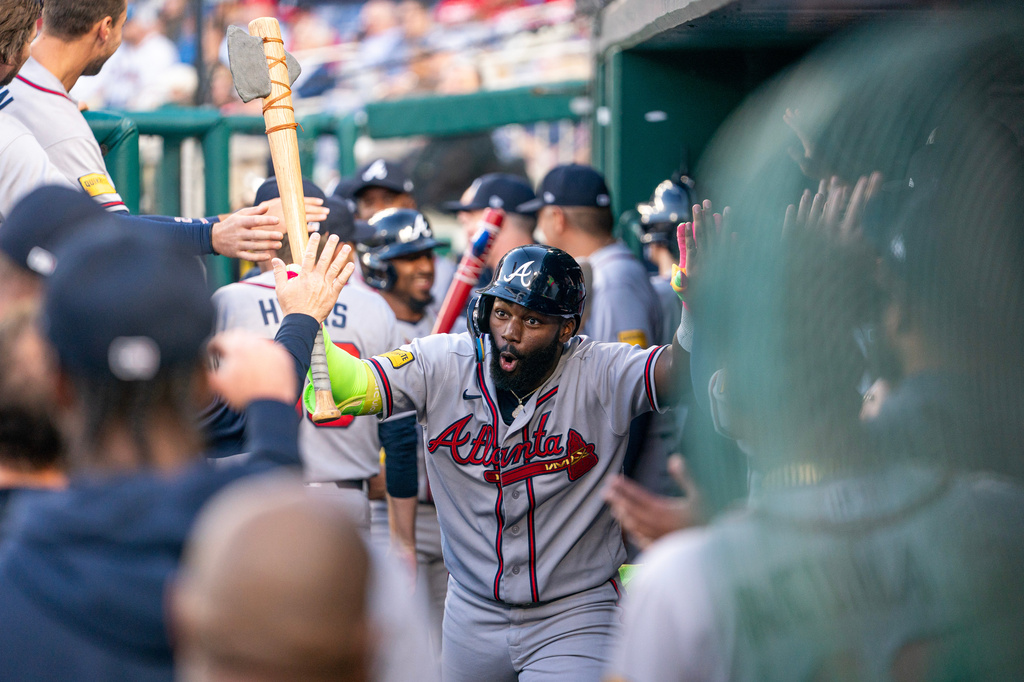 Atlanta Braves Michael Harris II celebrates a home run in the second inning during a baseball game against the Washington Nationals, Wednesday, April 22, 2026, in Washington. (AP Photo/Nathan Howard)