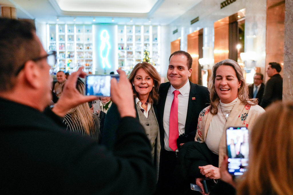 From left: Colombia's former vice president Marta Lucía Ramírez, Pedro Urruchurtu Noselli and Magalli Meda, who are collaborators with the Nobel Prize winner, Venezuelan opposition leader María Corina Machado, are seen at the Grand Hotel in Oslo, Tuesday Dec. 9, 2025. (Cornelius Poppe/NTB Scanpix via AP)