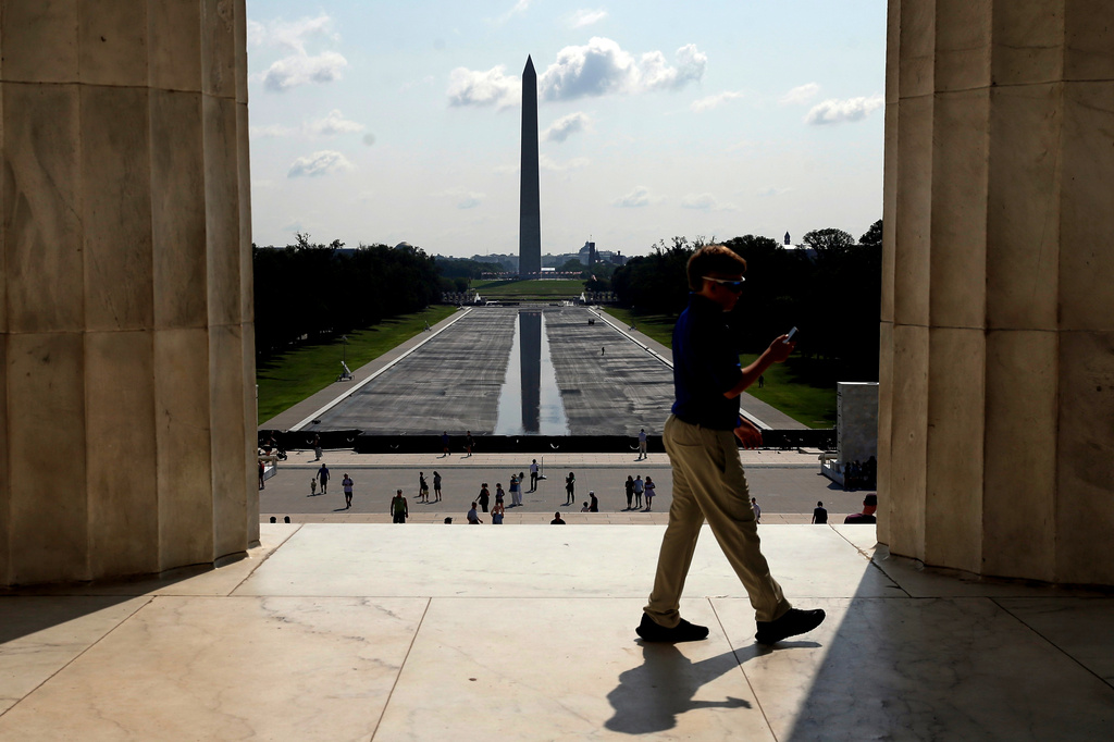 The Washington Monument is seen in the background of the now drained Lincoln Memorial Reflecting Pool, Wednesday, July 29, 2026, in Washington. (AP Photo/Rahmat Gul)