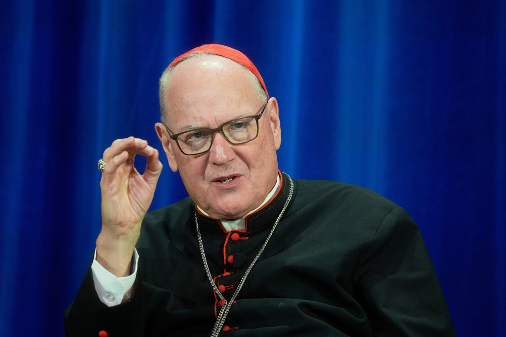 FILE - Cardinal Timothy Dolan of New York attends a news conference at the North American College in Rome, May 9, 2025. (AP Photo/Gregorio Borgia, File)