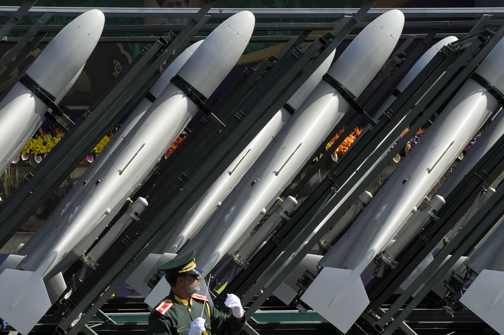 FILE—Iranian-made drones of the Revolutionary Guard aerospace division are seen on a truck during an annual military parade in front of the shrine of the late revolutionary founder Ayatollah Khomeini, just outside Tehran, Iran, Sept. 22, 2023. (AP Photo/Vahid Salemi, File)