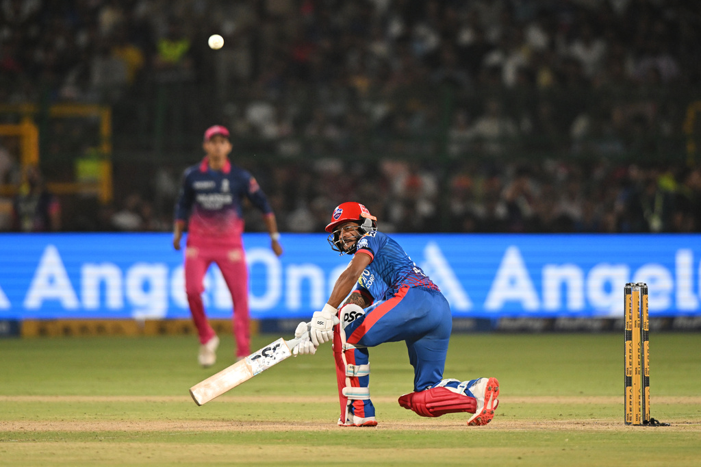 Delhi Capitals' Pathum Nissanka plays a shot during the Indian Premier League cricket match between Delhi Capitals and Rajasthan Royals in Jaipur, India, Friday, May, 1, 2026. (AP Photo)