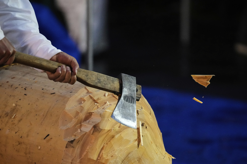 A woodcutter chops a sacred cypress tree as they clean it up after felling it in a forest early in the morning during Misomahajimesai, an early ceremony of the Shikinen Sengu ritual to rebuild main structures of the Ise Jingu shrine for Shinto deities, in Agematsu, central Japan, Tuesday, June 3, 2025. (AP Photo/Hiro Komae)