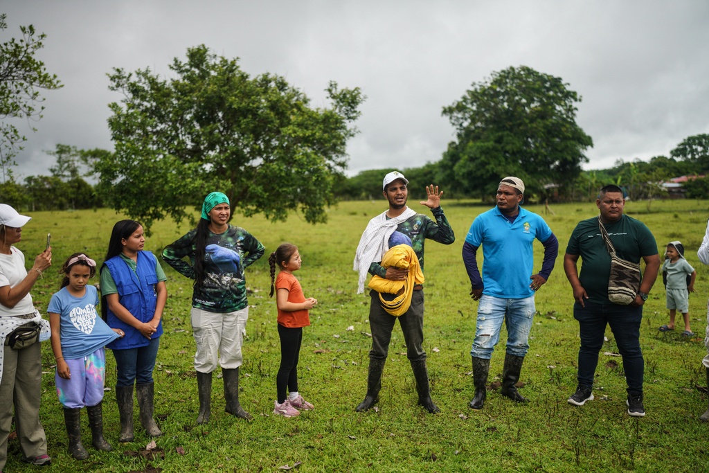 Ruben Pastrana explains to the group about sustainable projects on the outskirts of Puerto Asis, Colombia, Wednesday, Nov. 26, 2025. (AP Photo/Ivan Valencia)