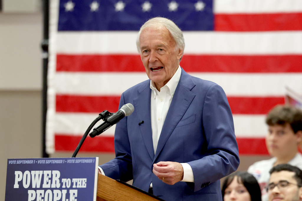 Sen. Ed Markey speaks during a Get Out the Vote event supporting Markey, Saturday, Aug. 29, 2026 in Boston. (AP Photo/Mark Stockwell)