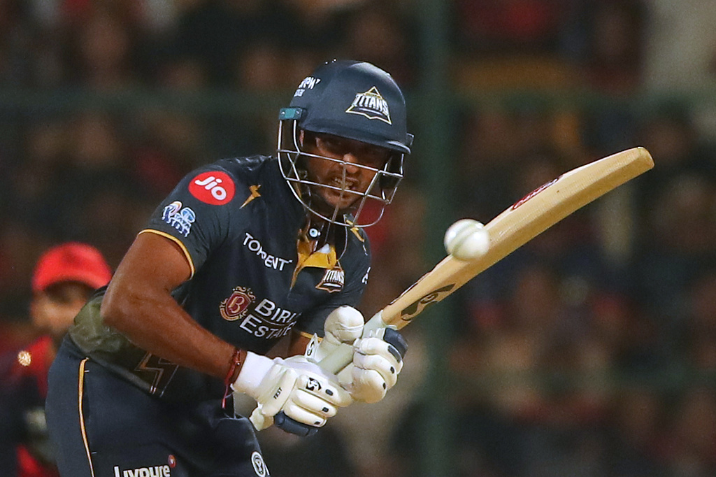 Gujarat Titans' Sai Sudharsan plays a shot during the Indian Premier League cricket match between Royal Challengers Bengaluru and Gujarat Titans in Bengaluru, India, Friday, April 24, 2026. (AP Photo)