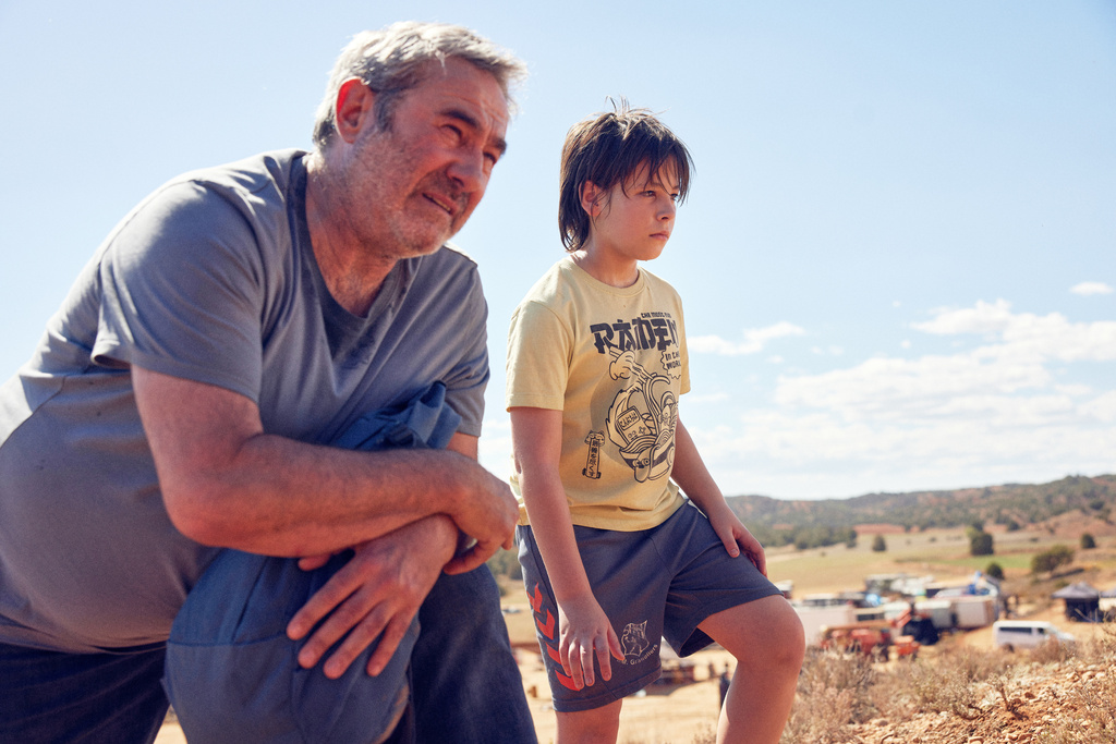 This image released by Neon shows Sergi López, left, and Bruno Núñez in a scene from the film "Sirat." (Neon via AP)