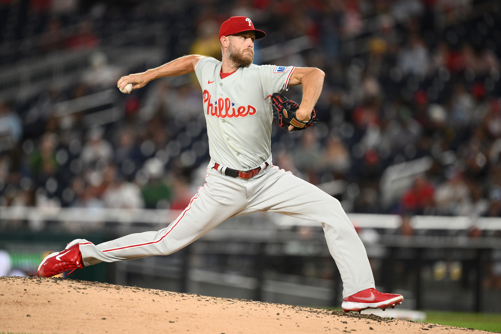 Philadelphia Phillies pitcher Zack Wheeler throws during the third inning of a baseball game against the Washington Nationals, Wednesday, Sept. 16, 2026, in Washington. (AP Photo/Nick Wass)