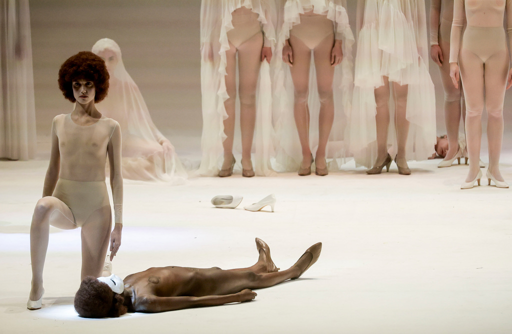 EDS NOTE: NUDITY - Actors perform during the general rehearsal of Ennio Morricone's only opera, Partenope, at the San Carlo Theatre, in Naples, Italy, Thursday, Dec. 11, 2025. (AP Photo/Salvatore Laporta)