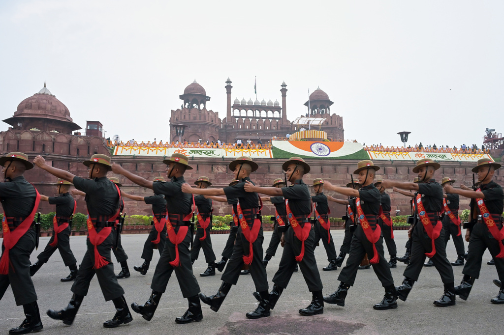 Soldiers march during the country's Independence Day celebrations at the 17th century Mughal-era Red Fort monument in New Delhi, India, Saturday, Aug. 15, 2026. (AP Photo/Sanjeev Rastogi)