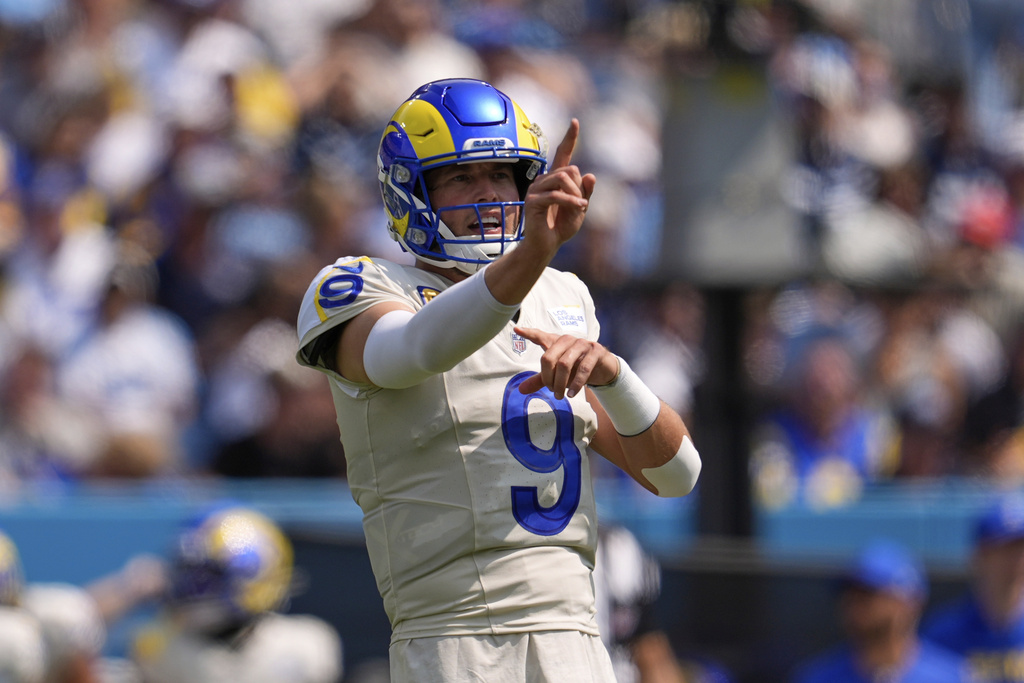 Los Angeles Rams quarterback Matthew Stafford gestures during the first half of an NFL football game against the Tennessee Titans, Sunday, Sept. 14, 2025, in Nashville, Tenn. (AP Photo/George Walker IV)