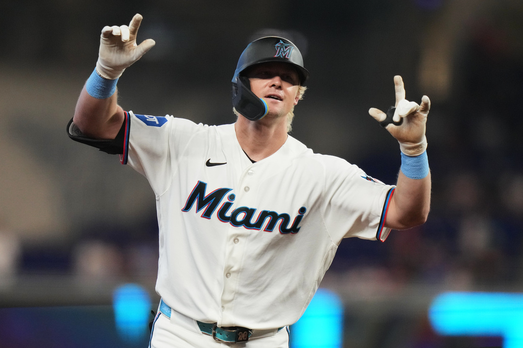 Miami Marlins' Kyle Stowers runs the bases after hitting a solo home run during the first inning of a baseball game against the Philadelphia Phillies, Tuesday, July 28, 2026, in Miami. (AP Photo/Lynne Sladky)