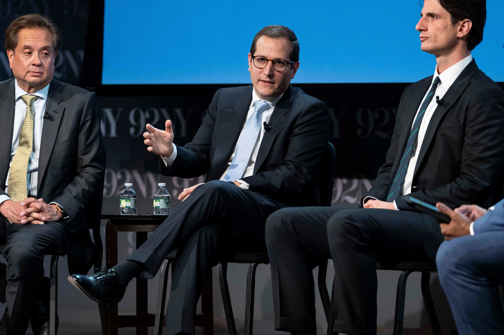 FILE - Micah Lasher, center, democratic candidate in New York's 12th Congressional District, speaks during "NY-12 for Congress: Candidate Forum" at 92NY, Wednesday, April 15, 2026, in New York. (AP Photo/Yuki Iwamura,File)