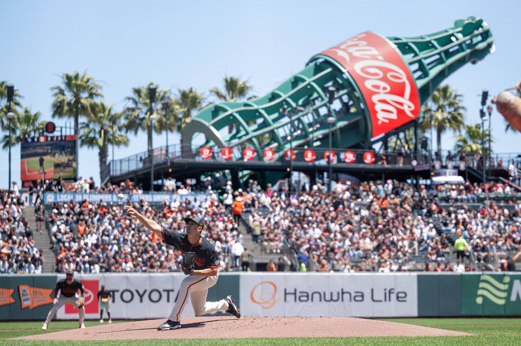 San Francisco Giants starting pitcher Tyler Mahle delivers during the first inning of a baseball game against the Colorado Rockies, Saturday, July 11, 2026, in San Francisco. (AP Photo/Thien-An Truong)