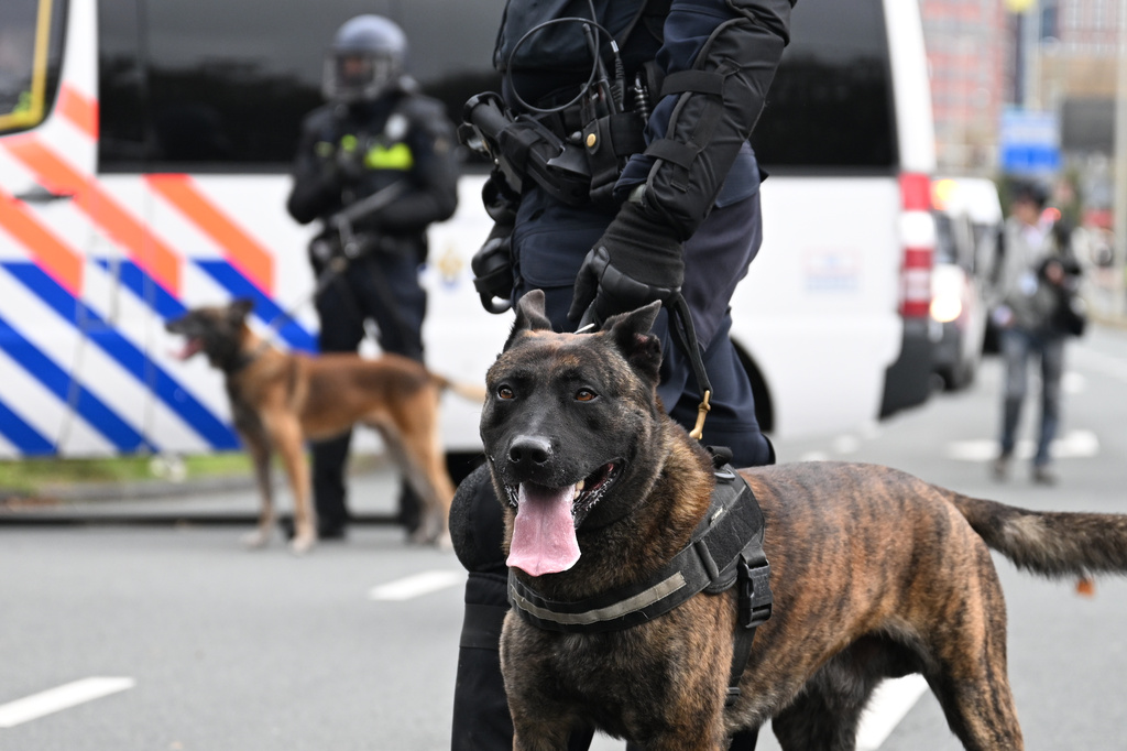 Police officers with dogs guard during a far-right groups' protest against immigration and asylum policies, in The Hague, Netherlands, Saturday, Sept. 19, 2026. (AP Photo/Mouneb Taim)