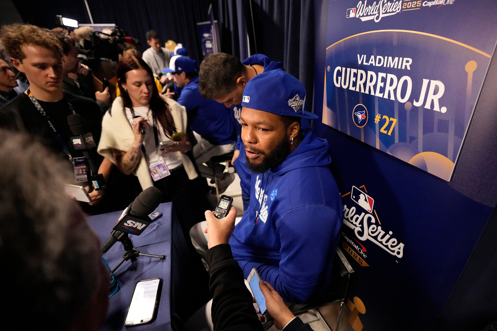 Toronto Blue Jays' Vladimir Guerrero Jr. speaks during a World Series baseball media day, Thursday, Oct. 23, 2025, in Toronto. The Toronto Blue Jays face the Los Angeles Dodgers in Game 1 on Friday. (AP Photo/David J. Phillip)