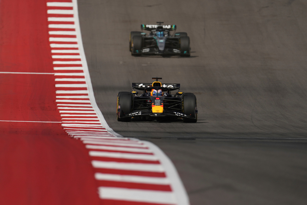 Red Bull driver Max Verstappen of the Netherlands steers his car during the sprint race at the Formula One U.S. Grand Prix auto racing in Austin, Texas, Saturday, Oct. 18, 2025.(AP Photo/Eric Gay)