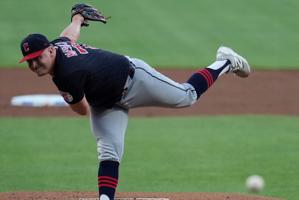 Cleveland Guardians pitcher Parker Messick (77) delivers in the first inning of a baseball game against the Atlanta Braves, Saturday, April 11, 2026, in Atlanta. (AP Photo/Mike Stewart)
