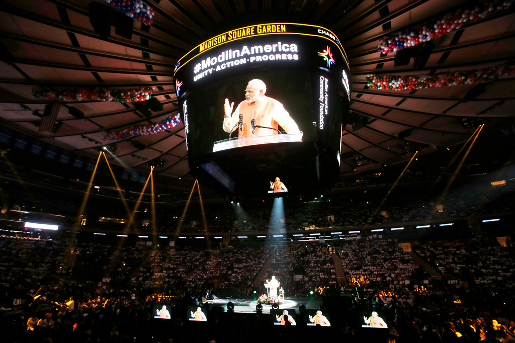 FILE - Prime Minister Narendra Modi of India gives a speech during a reception by the Indian community in honor of his visit to the United States at Madison Square Garden, Sunday, Sept. 28, 2014, in New York. (AP Photo/Jason DeCrow, File)