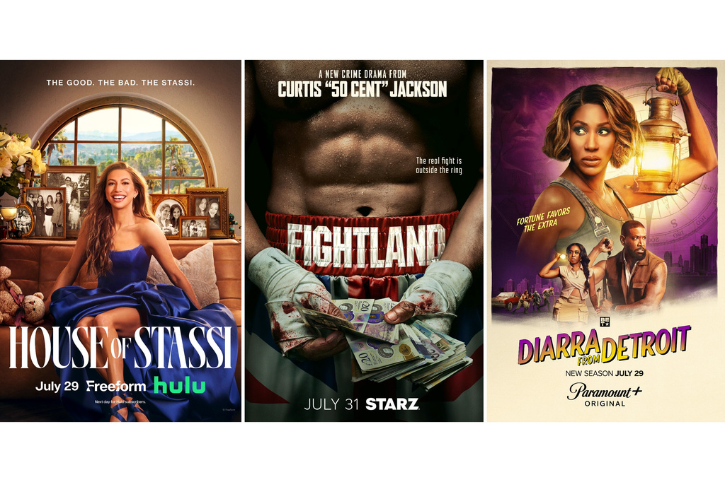 This combination of images shows promotional art for "House of Stassi," from left, "Fightland," and "Diarra from Detroit." (Hulu/Starz/Paramount+ via AP)