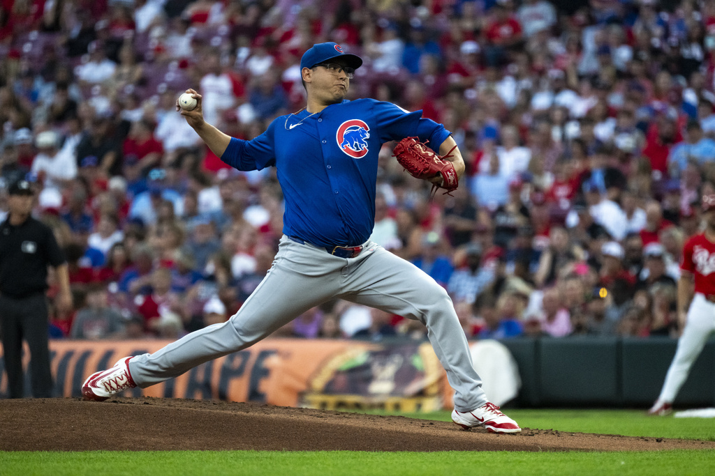 Chicago Cubs pitcher Javier Assad delivers in the first inning of a baseball game against the Cincinnati Reds, Saturday, Sept. 20, 2025, in Cincinnati. (AP Photo/Michael Swensen)
